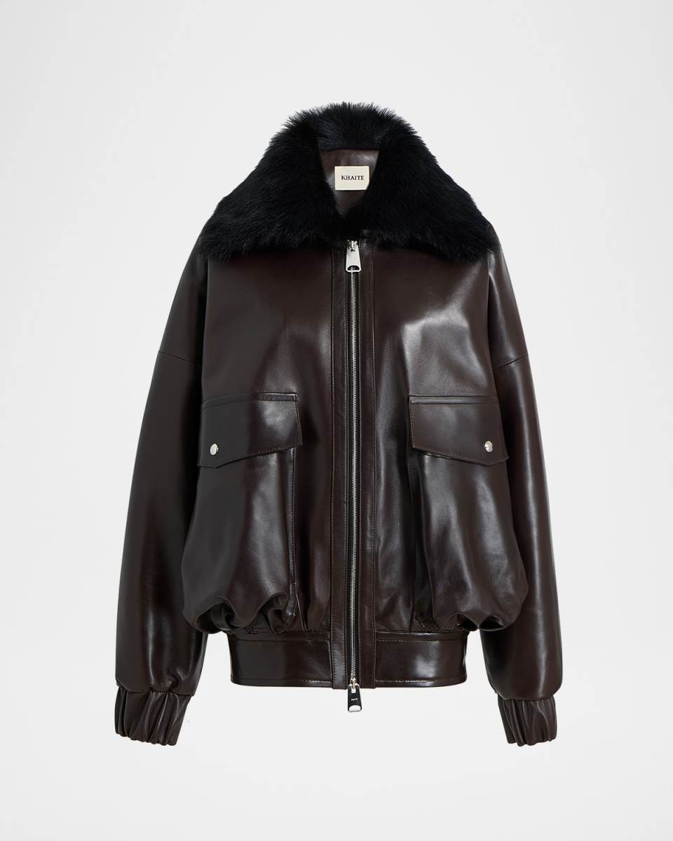 Daemon Oversized Leather Jacket with Shearling Collar